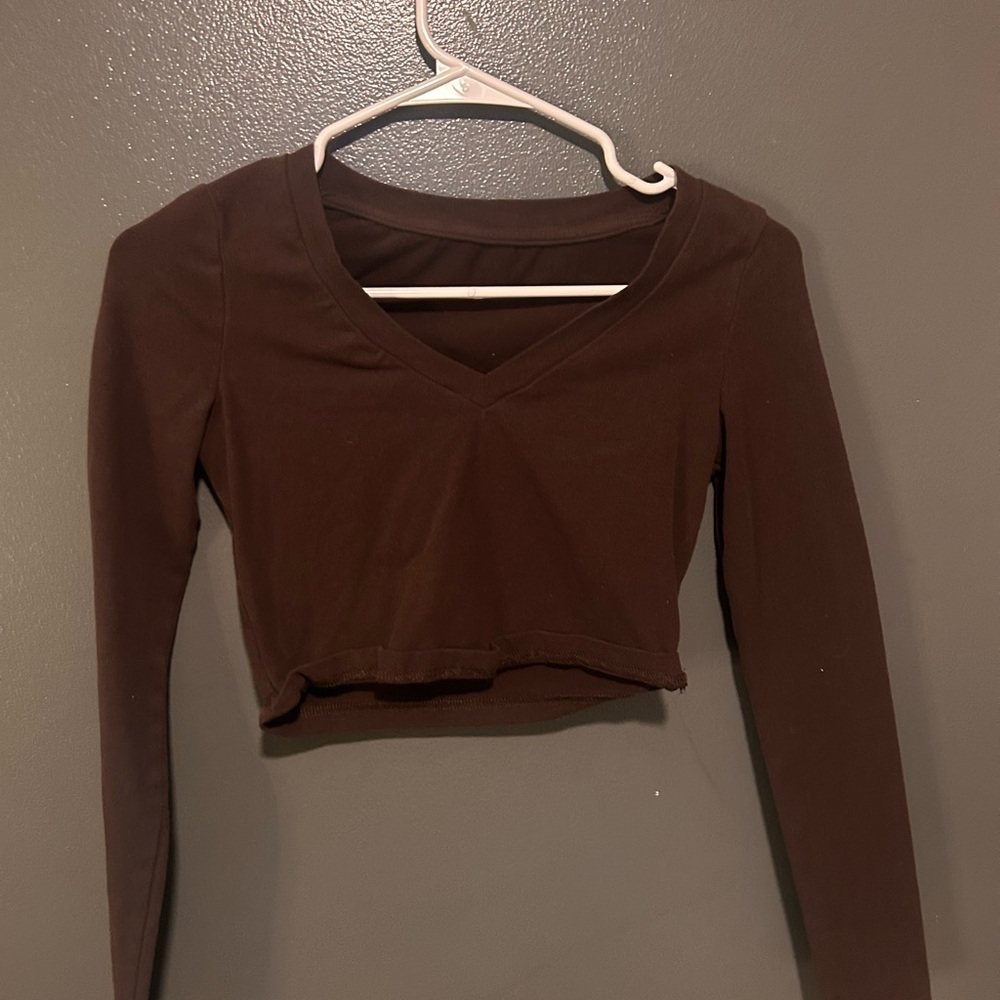 Classic Brown V-Neck Long Sleeve Crop Top